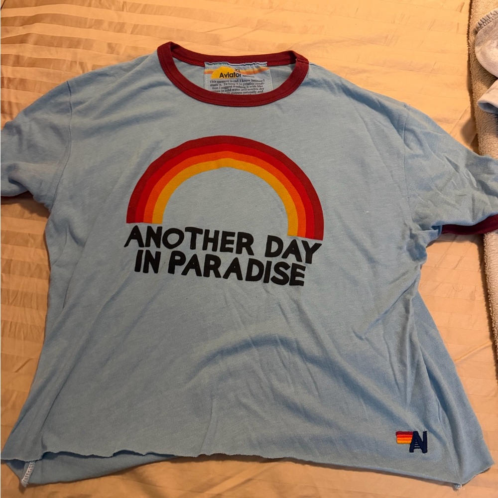 Aviator Nation Light Blue Tee with Red Trim and Rainbow Accent